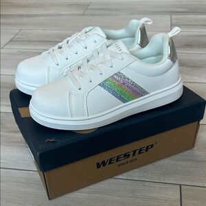 Weestep Little Girls rainbow white EASY ON OFF sneakers size 1 NEW